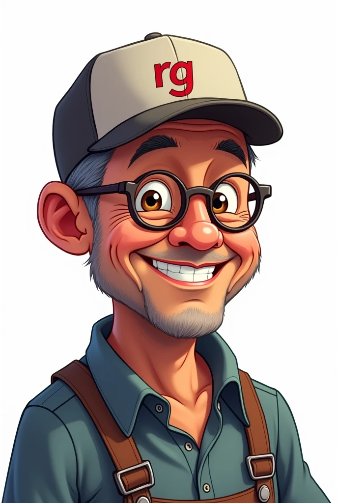 a 60-year-old bald man with brown skin wearing round glasses and a plain cap with the RG logo on a white background and him in front in cartoon form
