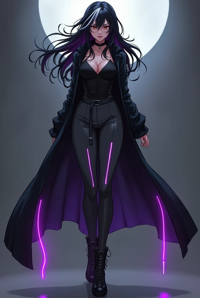 Sexy black skin anime character Black hair with a white stripe on it, wearing a long black jacket and wearing a long, dark gray pants with glowing purple stripes on it and wearing boots