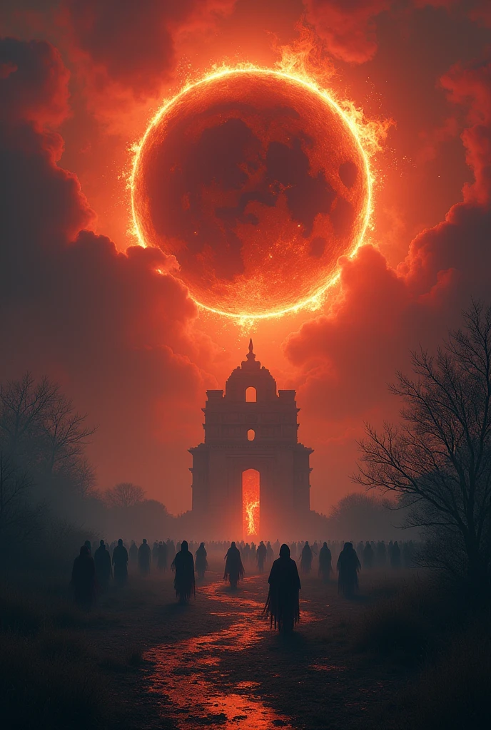 Create a domain expansion , where a big full moon is present and all dead souls rise , connecting hell and living together , they are heading to a temple with a third eye and a solar eclipse, the sky turns red and the third eye open , making hell fire, all the souls rose