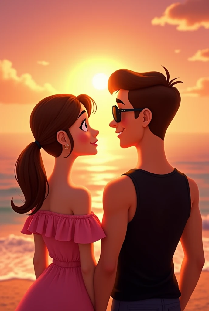 disney pixar movie poster
 two couple, watching  sunset, background is beach, the girl is in pony tail, wearing pink off shoulder dress, while the guy is wearing BLACK SLEEVELESS shirt and wearing sun glasses