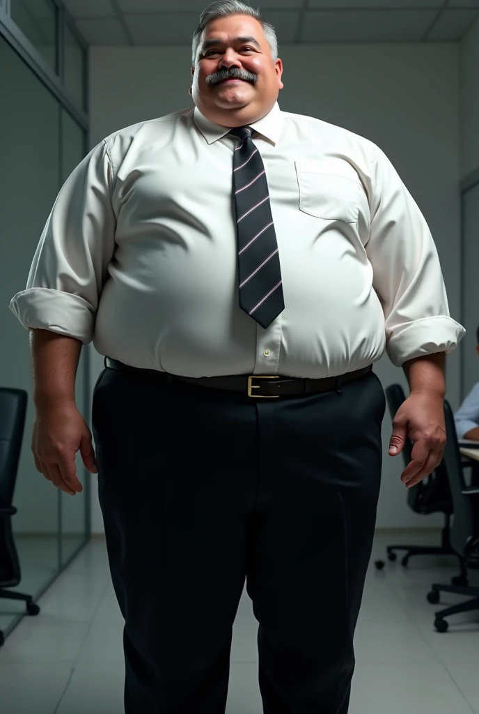 Hyper-realistic very attractive mature muscular handsome hunk white man, chubby, fat, obese, huge belly, chunky, beefy, gentle and malicious smirk, thick legs, huge calves, standing, full body, at office, grey very short hair, well designed grey mustache, hyper-detailed background, cinematic, uhd, 8k, high resolution, perfect result, best quality, detailed work, wearing a black pants, a white shirt, a tie