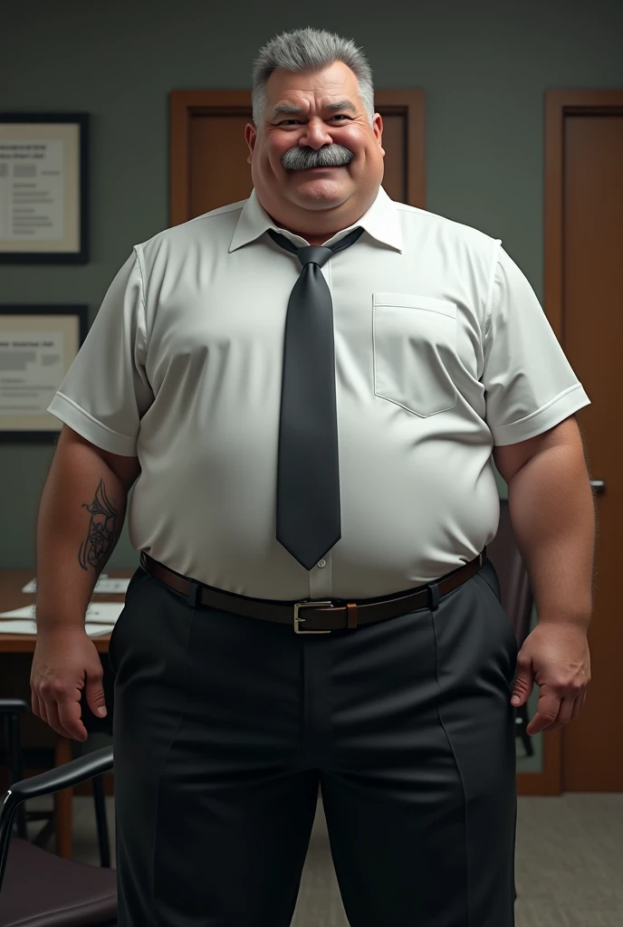Hyper-realistic very attractive mature muscular handsome hunk white man, chubby, fat, obese, huge belly, chunky, beefy, gentle and malicious smirk, thick legs, huge calves, standing, full body, at office, grey very short hair, well designed grey mustache, hyper-detailed background, cinematic, uhd, 8k, high resolution, perfect result, best quality, detailed work, wearing a black pants, a white shirt, a tie