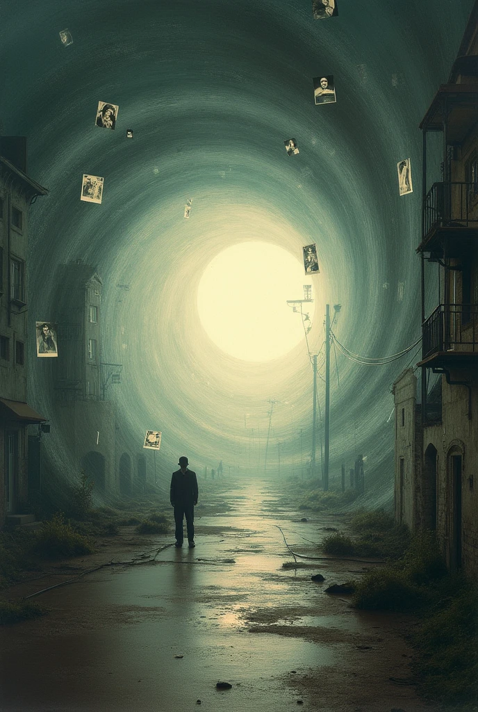 Depict a swirling vortex or tunnel that merges images from the past with the present, illustrating the blend of time and memory that characterizes the experience of déjà vu."