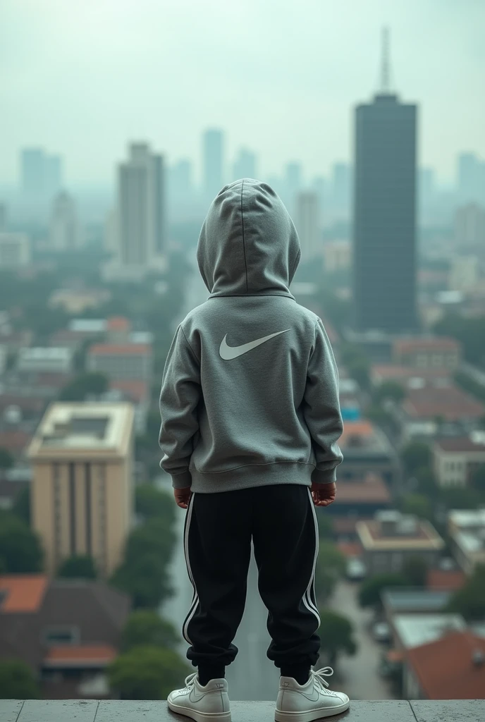 A realistic photo of a hooded boy in a grey Nike coat, and a black sweatpants with white high-top sneakers, Nike style but they are not totally Nike. looking at Panama City from the tallest tower in Old Panama The photo taken from behind the person. The weather is cloudy or rainy. Hooded so that nothing can be seen of his head