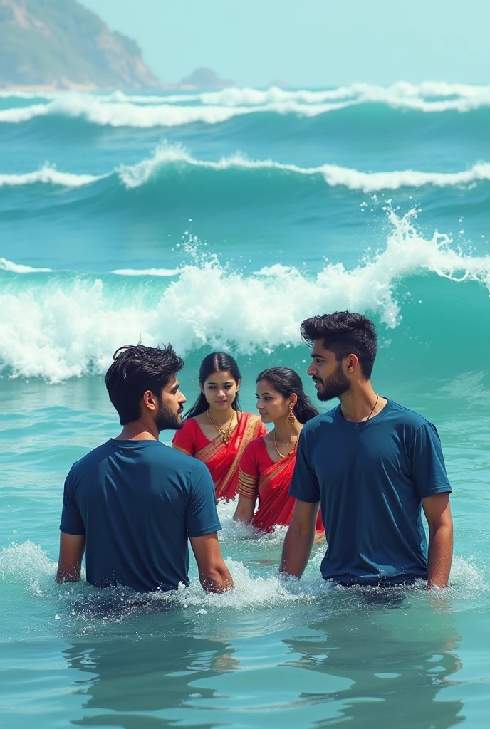 4 adult young Bangladeshi boys swimming in the sea beach wearing dark blue color t- shirt.their age is same.bt 2 have beard and they are white.another 2 is black, have no beard.the water of the sea is blue.4 Bangladeshi sexy girls also swimming near them but they have separate group.they have eye contact with each other.the girls have red color sharee and blouse.big waves also coming from sea.
