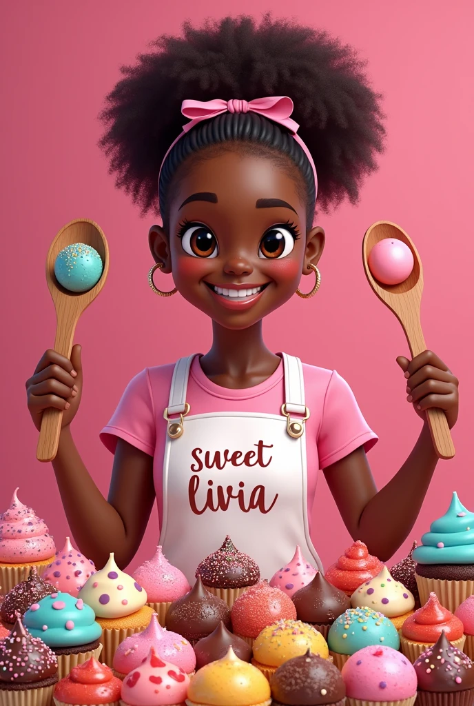 Por favor, CREATE AN IMAGE WITH A DARKER PINK BACKGROUND, WITH COLORFUL AND ASSORTED SWEETS, BROWNIES, brigadiers, KISSES AND CONFECTIONS. IN THE CENTER A CIRCLE OF SWEETS AROUND A BLACK-SKINNED GIRL, A BEAUTIFUL HAPPY SMILE, WEARING A PINK T-SHIRT AND A WHITE APRON WITH WRITTEN ON IT "SWEET LIVIA" HOLDING A WOODEN SPOON WITH CANDY ON THE TIP,