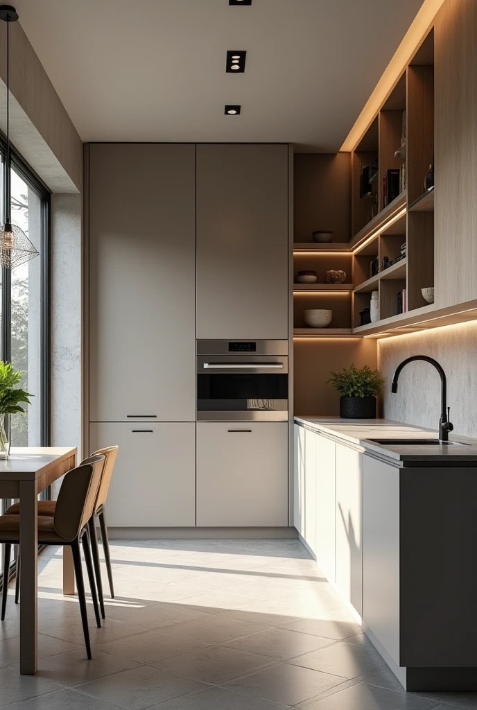 design interior , modern kitchen, custom furniture, gray floor ,render ultra realista , 8k ,4k , ultra-realista , Foto realista