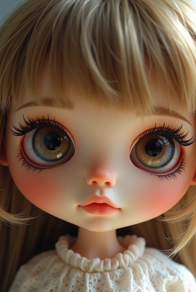 doll blythe, dark blonde hair, round nose challenge, small fleshy mouth, brown eyes half slanted round, large cilia