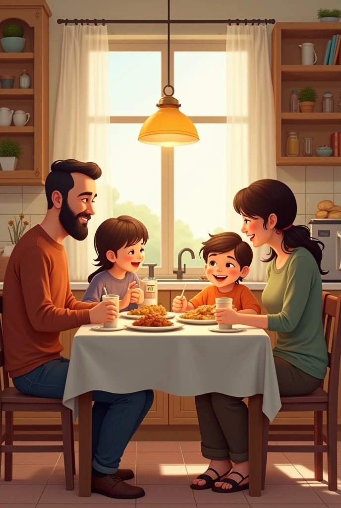 Create a image of a man and his family sitting in kitchen room and eating foods happy family, 