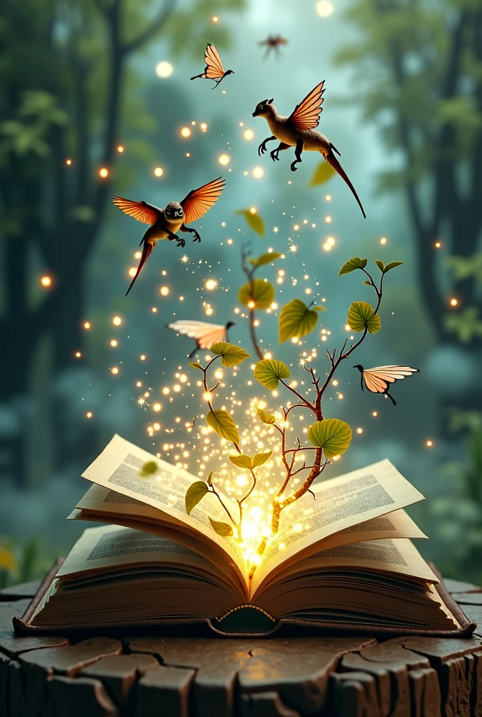 an open book, from which elements such as leaves emerge, stele, or little flying characters. This book represents the source of the stories, while the elements that come out of it symbolize the magic and imagination that stories bring to the world