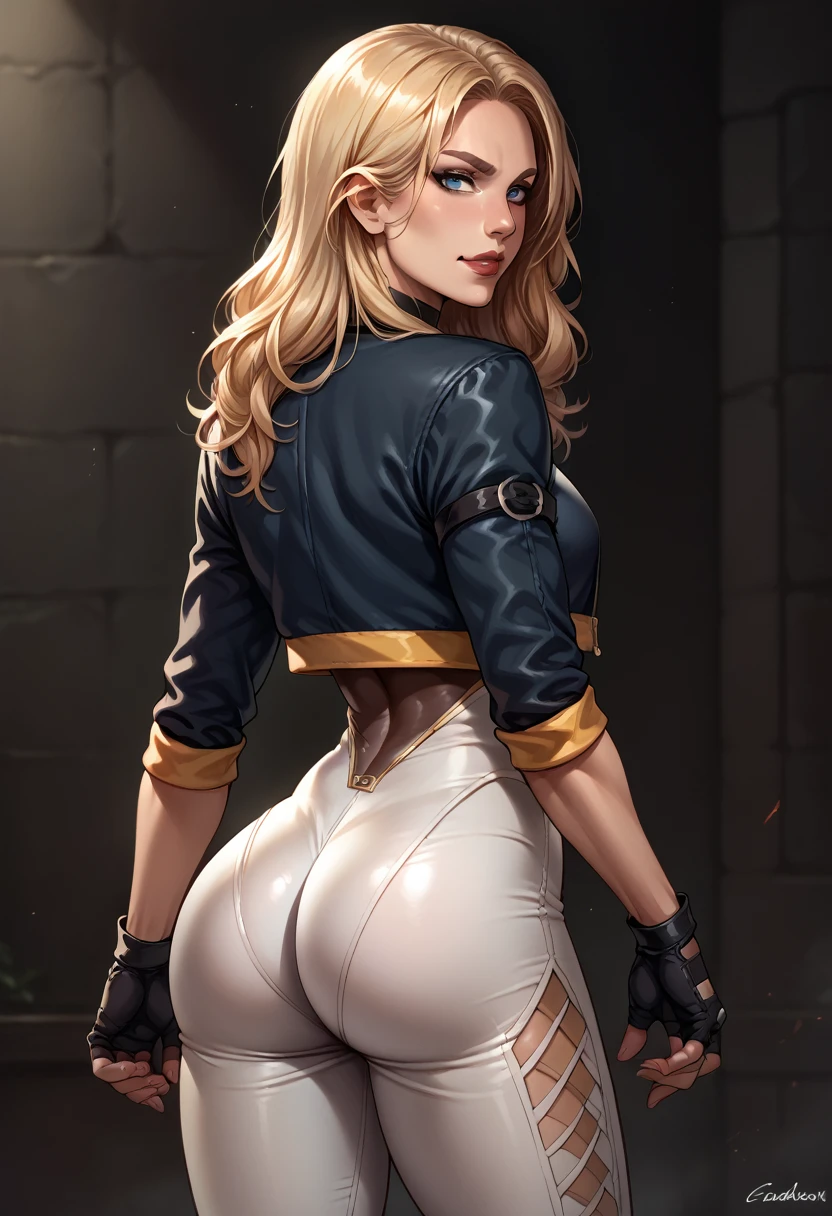 score_9, score_8_up, score_7_up, BREAK, score_9, dinah lance, long hair, blonde hair, blue eyes, choker, cropped jacket, bodysuit, fingerless gloves, pants, looking at viewer, cowboy shot, small ass, from behind, dark room