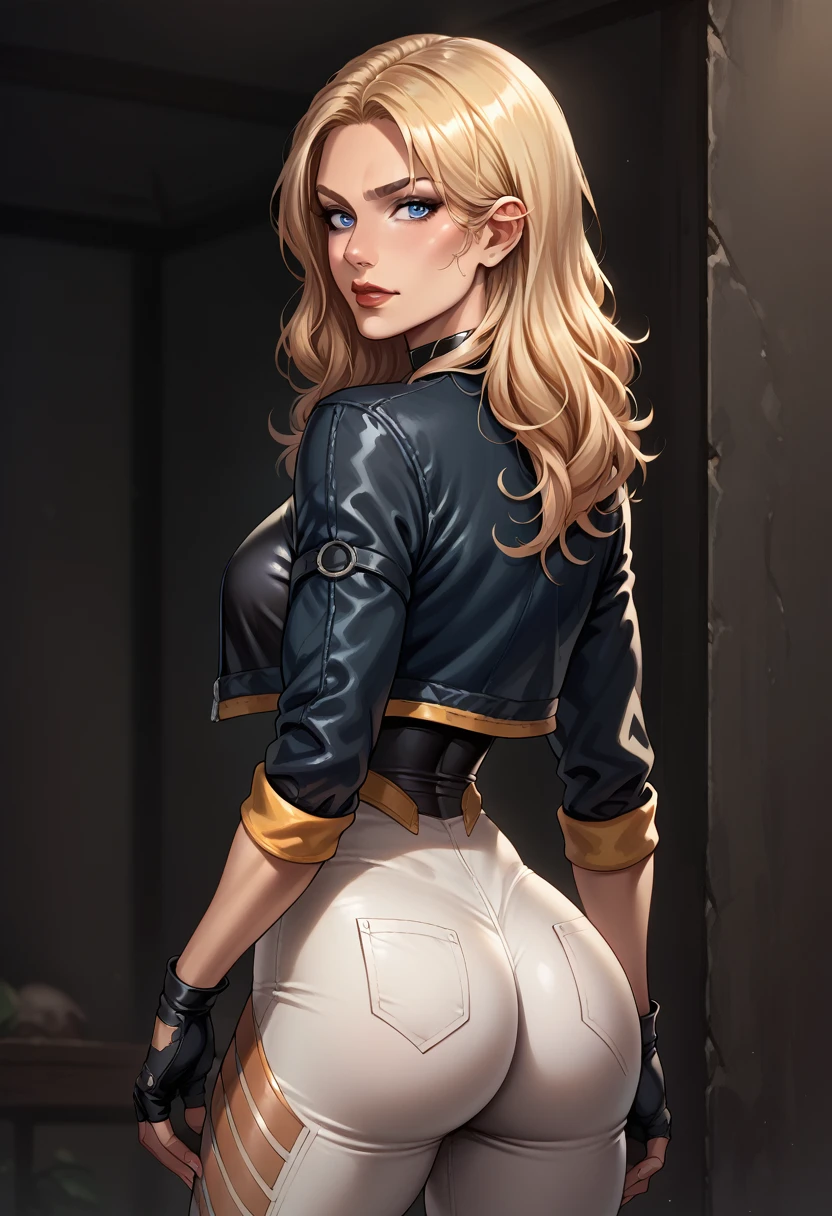 score_9, score_8_up, score_7_up, BREAK, score_9, dinah lance, long hair, blonde hair, blue eyes, choker, cropped jacket, bodysuit, fingerless gloves, pants, looking at viewer, cowboy shot, small ass, from behind, dark room