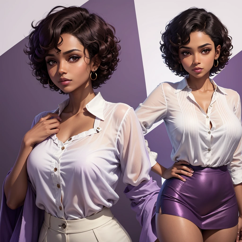 A brown-skinned woman with short, curly hair and eyeliner wearing a white blouse with a purple background.