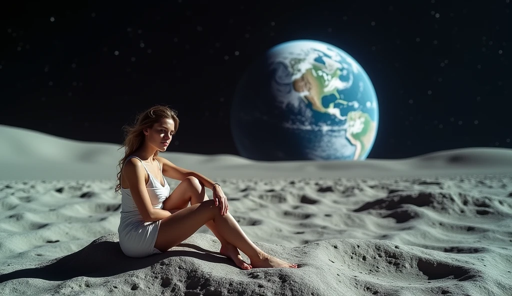beautiful woman sitting on top of a rock on the lunar surface, in the background of the image you can see the earth, the woman is wearing a white dress, barefoot, big breasts,