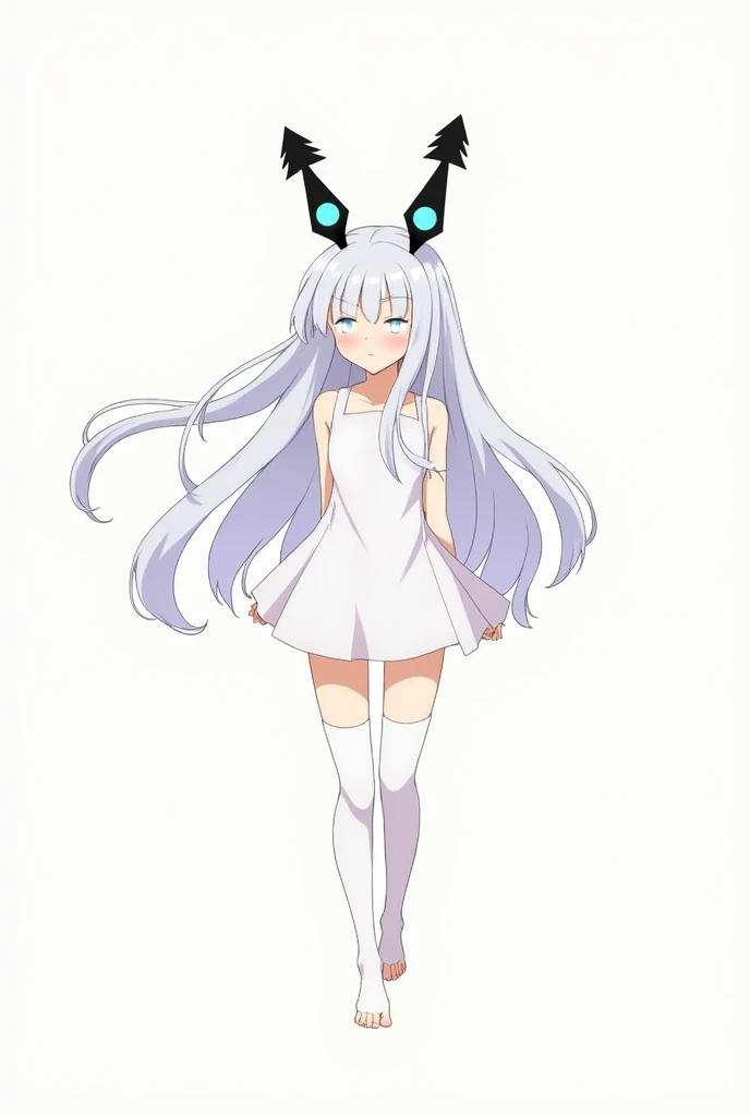 A Japanese anime style girl with long white hair,M-shaped bangs,There are only two black head ornaments on the top of her head that resemble upward arrows.,In the middle of each upward arrow there is a blue round bead dotted in the middle of the arrow,There was nothing on her head except two upward-cut hair ornaments.,She has a pair of blue eyes,She was wearing a white miniskirt,Wearing white on the legs,No shoes