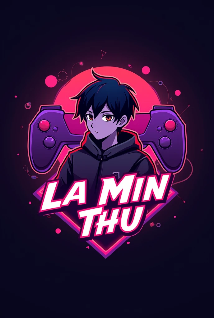 This is a gaming logo that features the name " La Min Thu-2024 " in a futuristic font and a neon Purple Red color. and Boy Anime Avtar, The logo also has a stylized controller icon and a Honor Of Kings play button in the background. The logo is designed to be attractive and eye-catching, and to appeal to gaming enthusiasts and Honor Of Kings viewers. I hope you like it.
