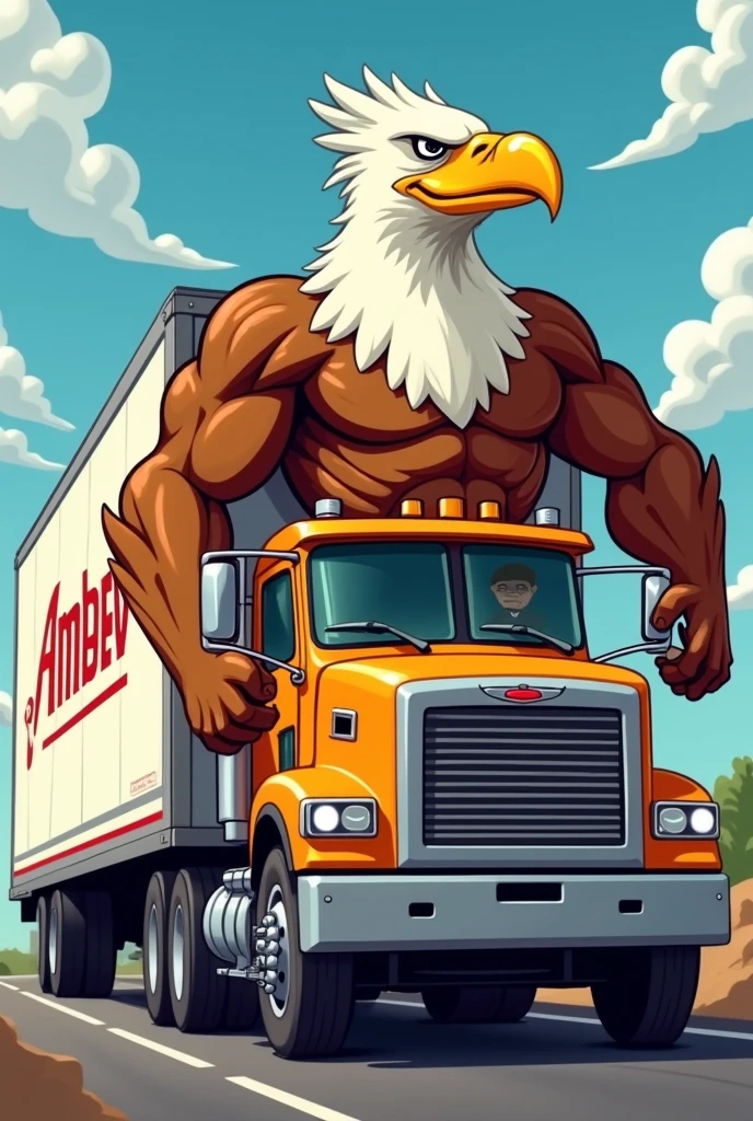 Generate a cartoonish image of a muscular eagle driving an AmBev truck with its arm out the window showing its muscles, the trailer must be fully visible!