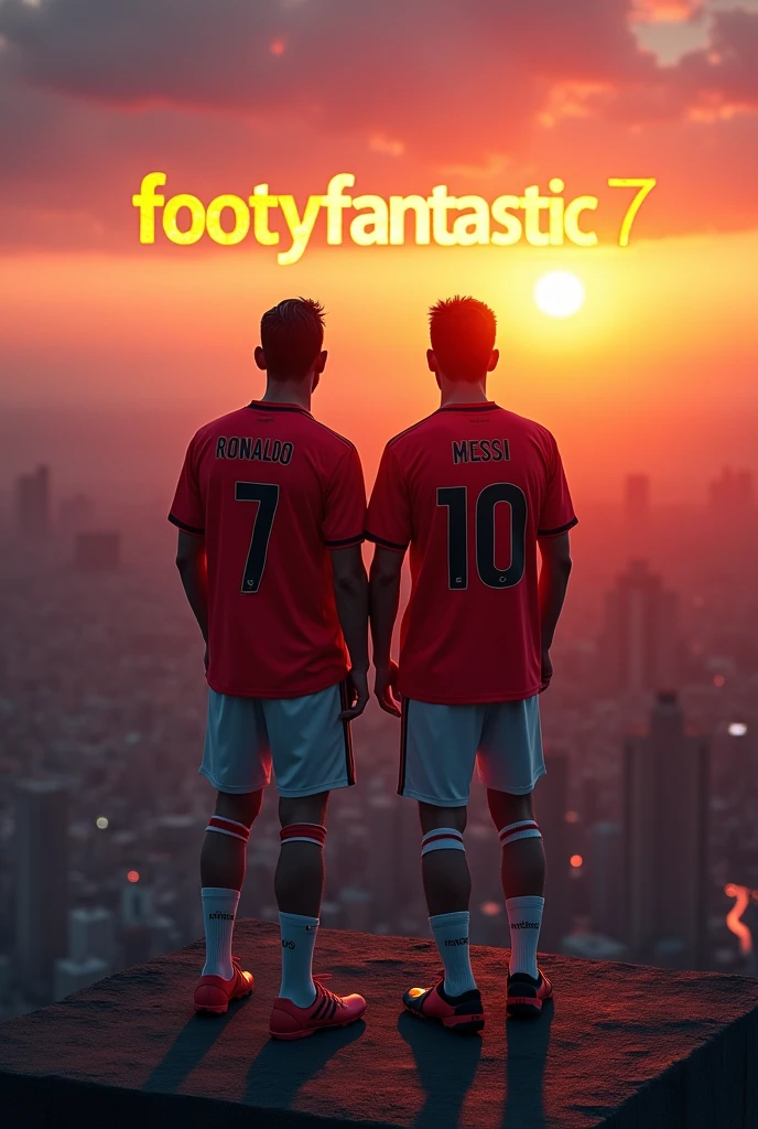 Ronaldo with number 7 and messi with number 10 together in real Madrid and Barcelona Kit's on the top of building at sunset looking to the word footyfantastic7 which return on the sky with fire