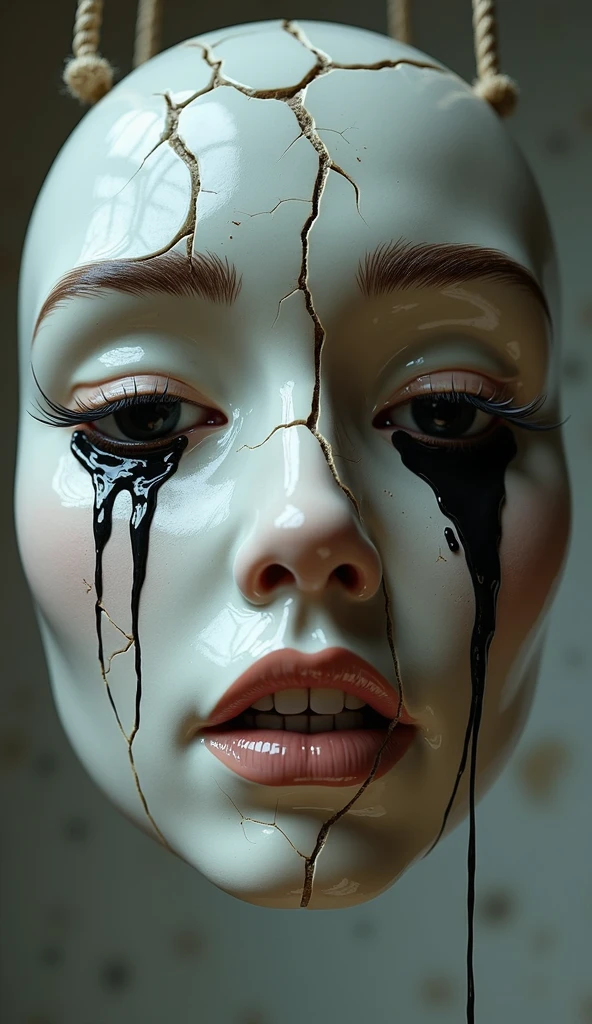 Une illustration d'un visage de femme hyperréaliste en porcelaine est suspendue dans les airs avec une composition modifiée pour un effet plus dramatique, artistiquement divisée en parties irrégulières, avec des fissures visibles, des yeux fermés avec d'énormes larmes noires, beaucoup de larmes, des cils sombres, des sourcils épais et brun clair, un nez en saillie. lèvres légèrement entrouvertes exposer les dents une teinte rosâtre naturelle pour les lèvres, un faible éclairage diffus sur le dessus et un arrière-plan flou avec des touches de céramique.