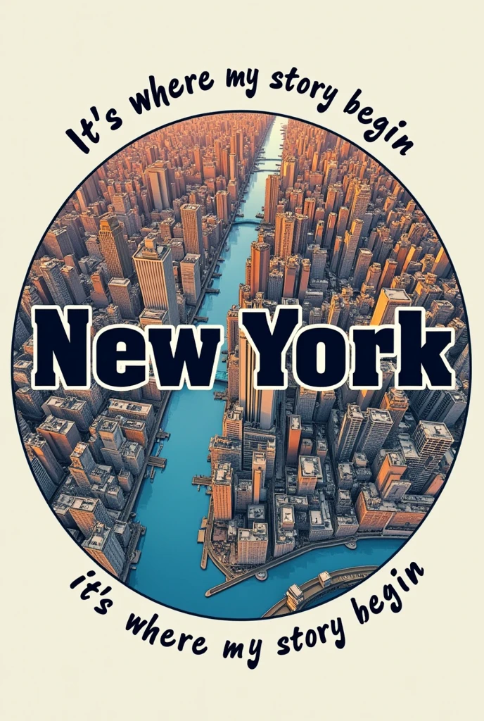 Show me a design for t shirt. Firstable big name new york and circle in the new york map. The under line 'IT'S WHERE MY STORY BEGAN' ready for best t shirt making.