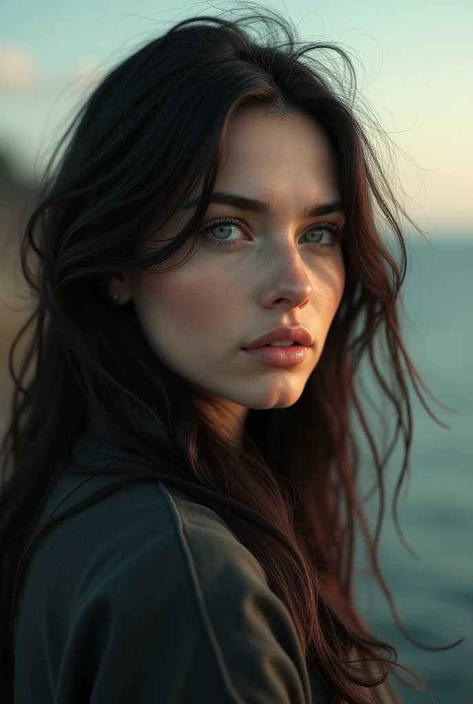 Image of a beautiful woman, Brunetette, thoughtful green eyes, gazing at the horizon 