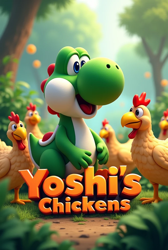 Use the Style and Font of the text of the word Yoshi from Mario Bros and put this text Yoshi's Chickens