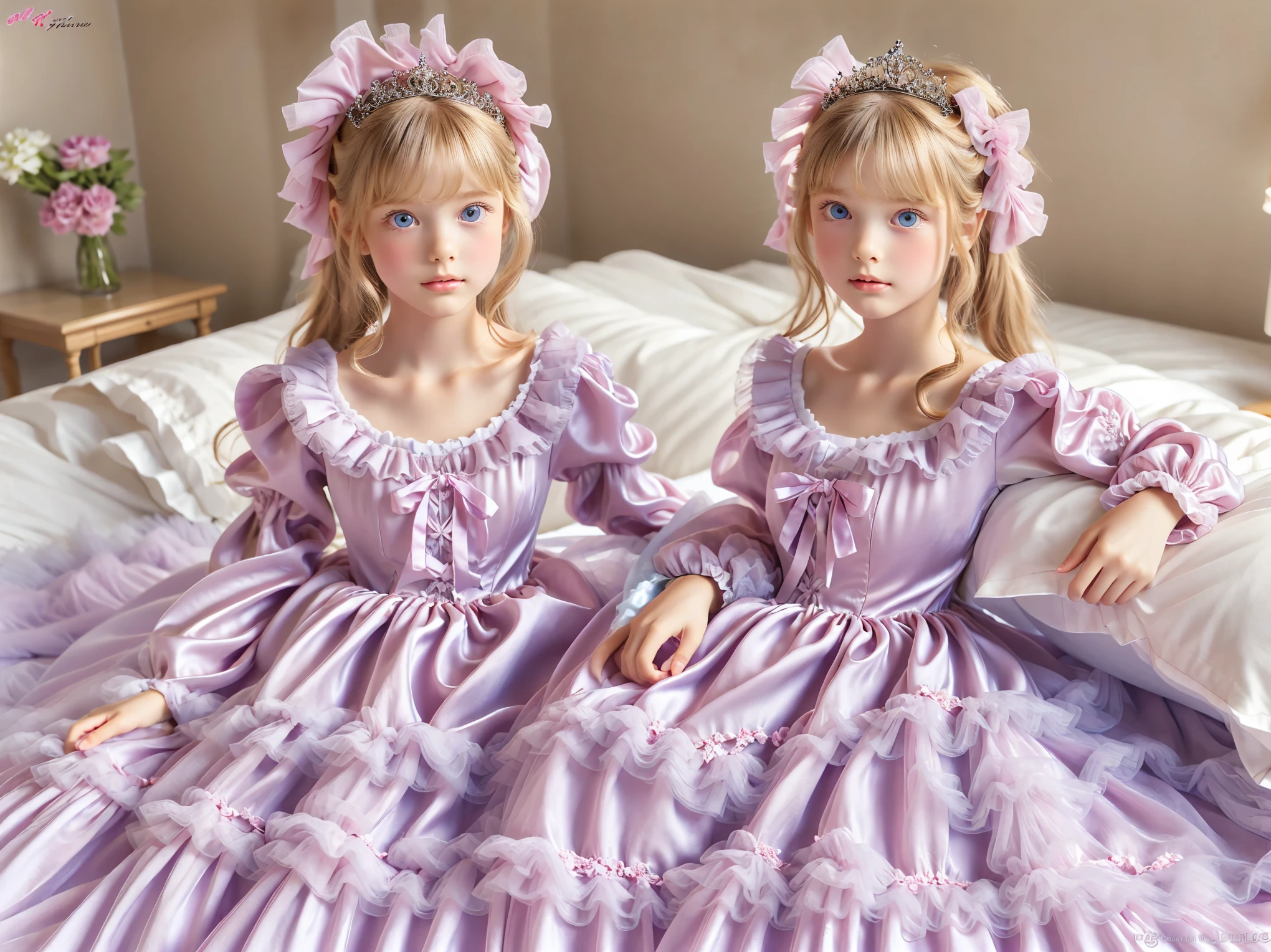 ,highest quality, masterpiece, highest resolution, artwork, 3k realistic pictures,((A short young girl))Ultra-detailed juvenile face,two are princesses,full length ball gown dress with hoop skirt,ruffled yoke collar,puff sleeves,long sleeve,((****ta style hot pink detailed princess satin dress with lots of ruffles and ribbons)),Rococo style ****ta fashion,shiny satin dress,Soft and smooth fabric,luxury,long blonde hair,blue eyes,white skin european,Pajama,((in the bedroom)),high quality silk satin pink princess canopy bed,slik satin frilled pillows,