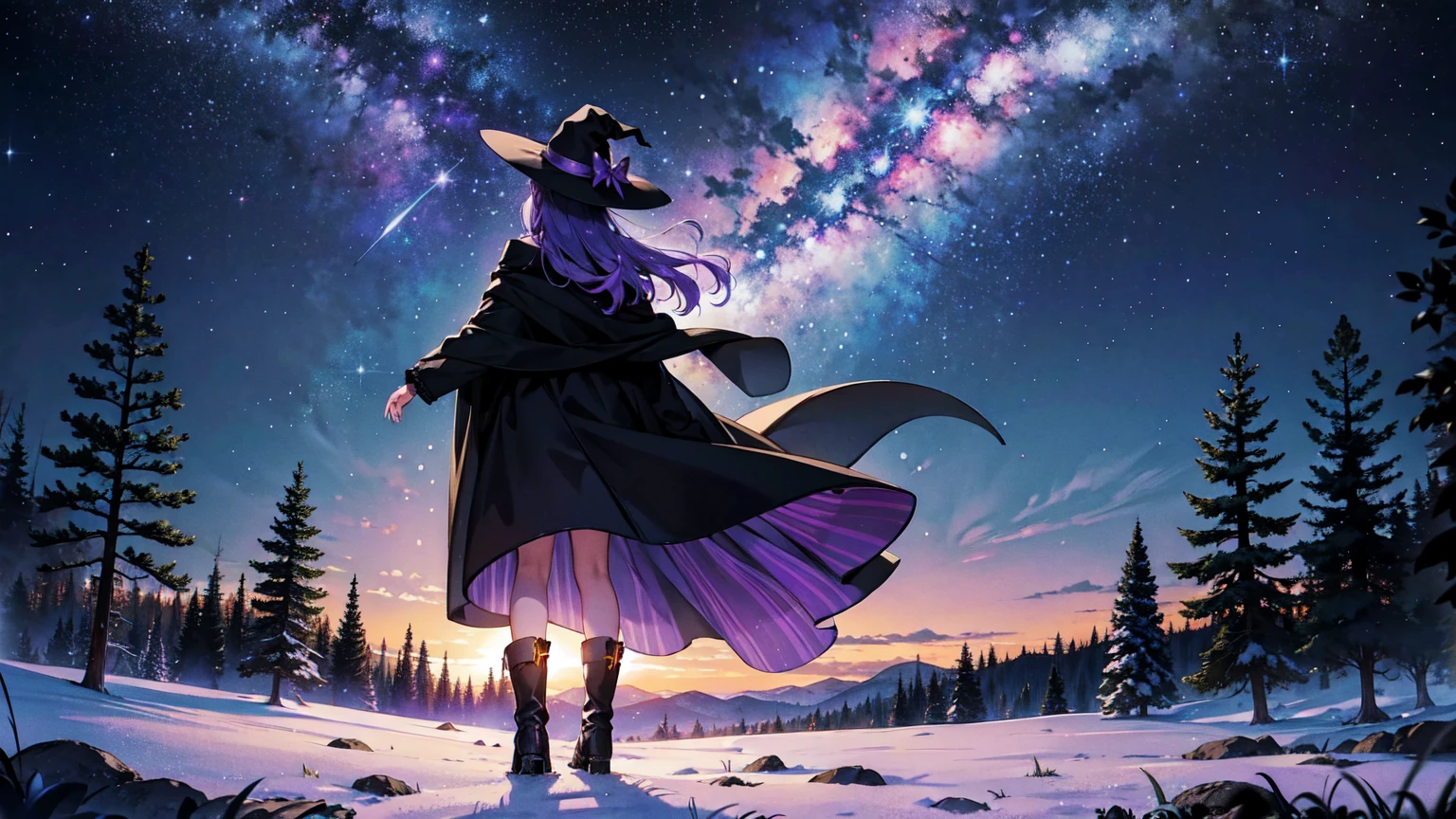 The beautiful and colorful starry sky above the forest, the big universe, and the girl silhouetted against the forest. The girl is wearing a black cape, black boots, and a witch's hat with purple ribbons on either side. Her hair is long and purple. She is looking up at the star-filled sky with her arms outstretched. Beautiful illustration, top quality, nostalgic. Back view, back side.