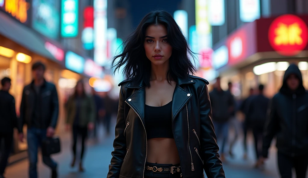 (masterpiece, best quality:1.2), (busy downtown street at night, illuminated by vibrant neon lights and bright city advertisements:1.4), (determined woman walking confidently, sharp focus:1.3), (black hair, straight, slightly swaying:1.3), (stylish yet practical clothing:1.3), (leather jacket, black heattech-like innerwear, boots:1.4), (focused, unwavering expression:1.4), (crowded street, blurred people, background noise and distractions:1.3), (clear, straight path ahead:1.3), (slightly low-angle shot, emphasizing power and resolution:1.3), (8K, ultra-detailed, hyper-detailed, RAW photo quality, Unreal Engine rendering:1.3)