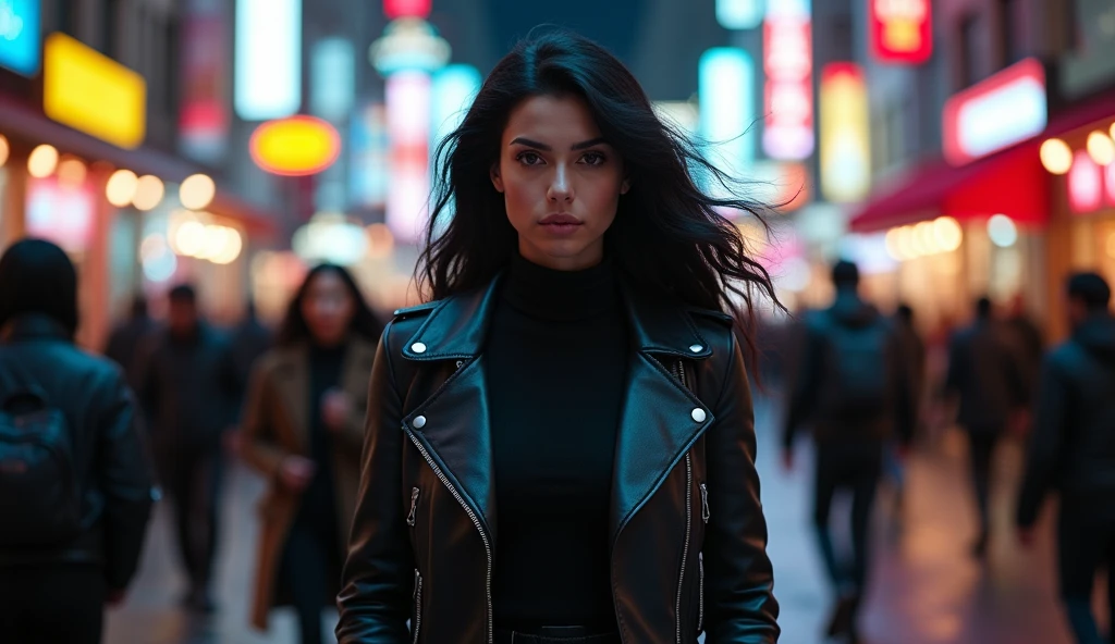 (masterpiece, best quality:1.2), (busy downtown street at night, illuminated by vibrant neon lights and bright city advertisements:1.4), (determined woman walking confidently, sharp focus:1.3), (black hair, straight, slightly swaying:1.3), (stylish yet practical clothing:1.3), (leather jacket, black heattech-like innerwear, boots:1.4), (focused, unwavering expression:1.4), (crowded street, blurred people, background noise and distractions:1.3), (clear, straight path ahead:1.3), (slightly low-angle shot, emphasizing power and resolution:1.3), (8K, ultra-detailed, hyper-detailed, RAW photo quality, Unreal Engine rendering:1.3)
