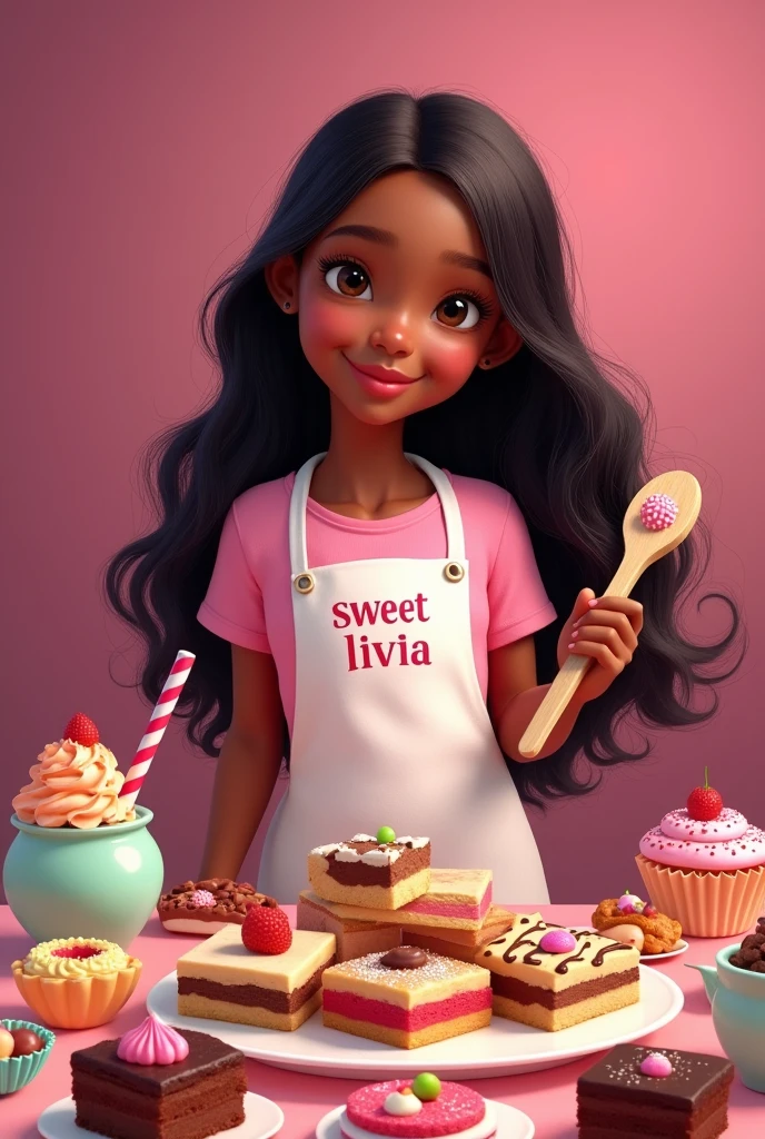 Por favor, CREATE AN IMAGE WITH A DARKER PINK BACKGROUND, WITH COLORFUL AND ASSORTED SWEETS, BROWNIES, brigadiers, KISSES AND CONFECTIONS. IN THE CENTER A CIRCLE OF SWEETS AROUND A BLACK-SKINNED GIRL, LONG, STRAIGHT HAIR A BEAUTIFUL, HAPPY SMILE, WEARING A PINK T-SHIRT AND A WHITE APRON WITH WRITTEN ON IT "SWEET LIVIA" HOLDING A WOODEN SPOON WITH CANDY ON THE TIP, 