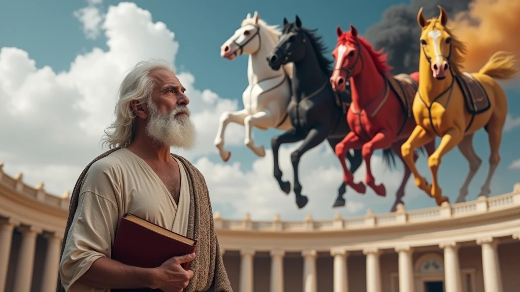 A beautiful and captivating cinematic scene set in 2000 BC, featuring an elderly Hebrew named John, an apostle of Jesus Christ. He is dressed in a tunic from the time of the Roman Empire, with long white hair and a well-groomed white beard. John, 75, looks up at the sky in an open celestial vision. He has a red leather book in his hands, taking notes and writing with a quill pen. Above him, in the heavens, four male demonic beings are knights of apocalyptic colors - white, black, red and yellow - appear with their mortal faces, riding huge, powerful horses. The architecture in the background evokes a sense of ancient history and grandeur. This scene combines cinematic, architectural, and portrait photography elements to create a striking and memorable image., portrait photography, architecture, cinematic, photographic