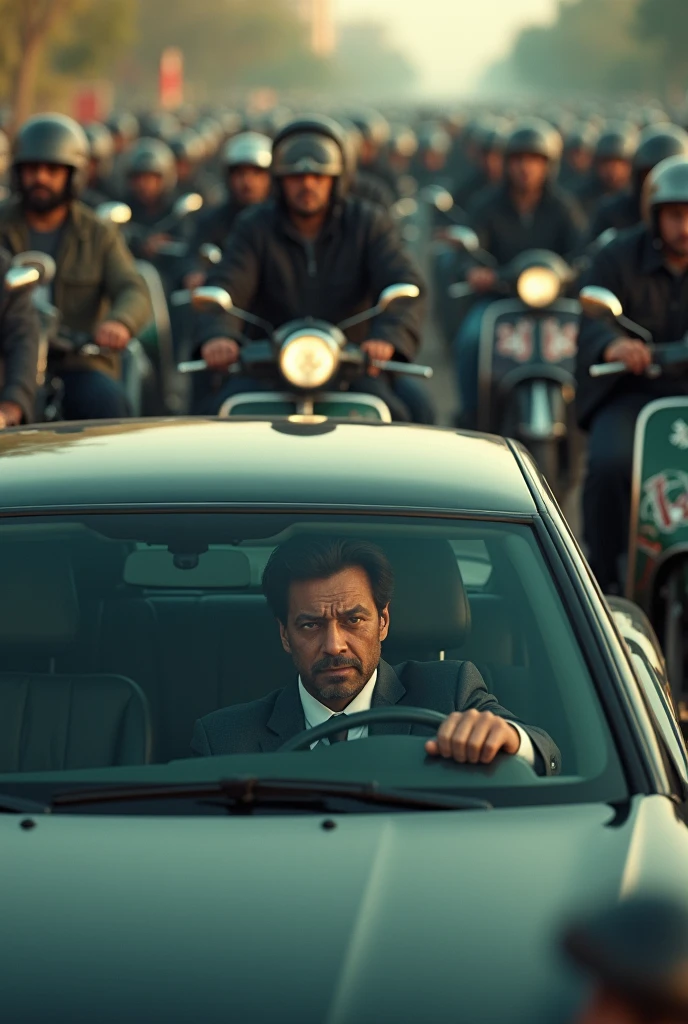 Imran Khan is sitting in the car, wearing good clothes, behind him there are many scooters who are standing with guns.