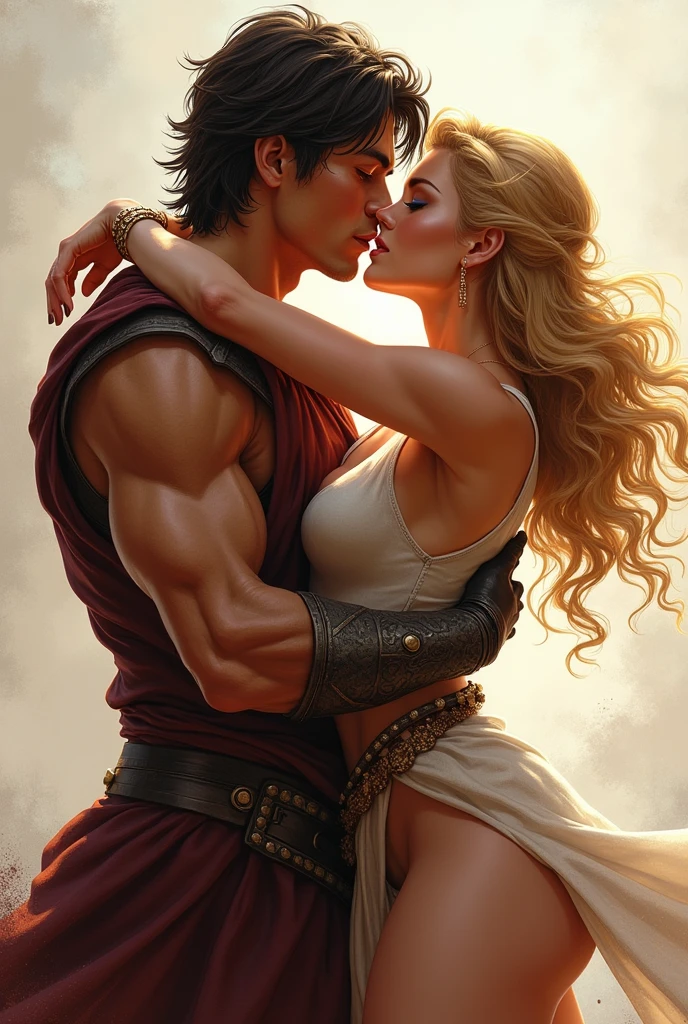 Make this handsome warrior with dark brown medium short hair, brown warm eyes, sharp chin, muscular, caramel skin on to be kissed by a beautiful woman with golden hair to her sholder and blue eyes, dressed as a warrior, who jumps into his arms and kisses him passionately