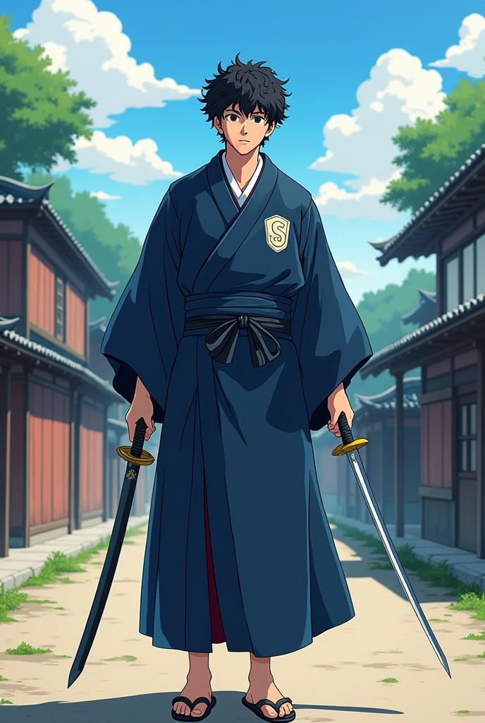A young adult European man, around 2, short curly haired no beard on a road in japan feldal, wearing a navy blue kimono with a shield symbol on the left side of the chest of the garment with a "S" offwhite, carrying Samurai swords, with a brave expression, but nice.
all in anime style.