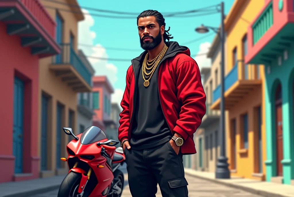 1man puerto rican ((dark skin)) gta style in old san juan beard braids nice edge up gold chains gold esrings full body  portrait((,animation)) hands in pocket urban clothing black and red next to a nice sports motorcycle 
