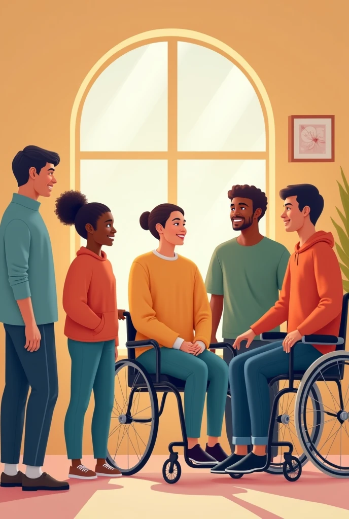 Assistance sector for people with special educational needs. five people, being autistic, wheelchair user, blind man using cane, black, mental disorders and giftedness.
