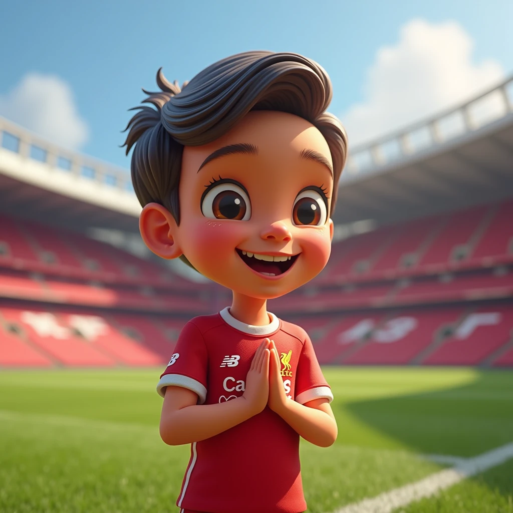 Cute  smiles in Disney style, bows like a Thai and wears a Liverpool shirt. Standing in cartoon style. High quality dynamic photo, detailed and colorful. Realistic and colorful poses. The background is Andfield Stadium.