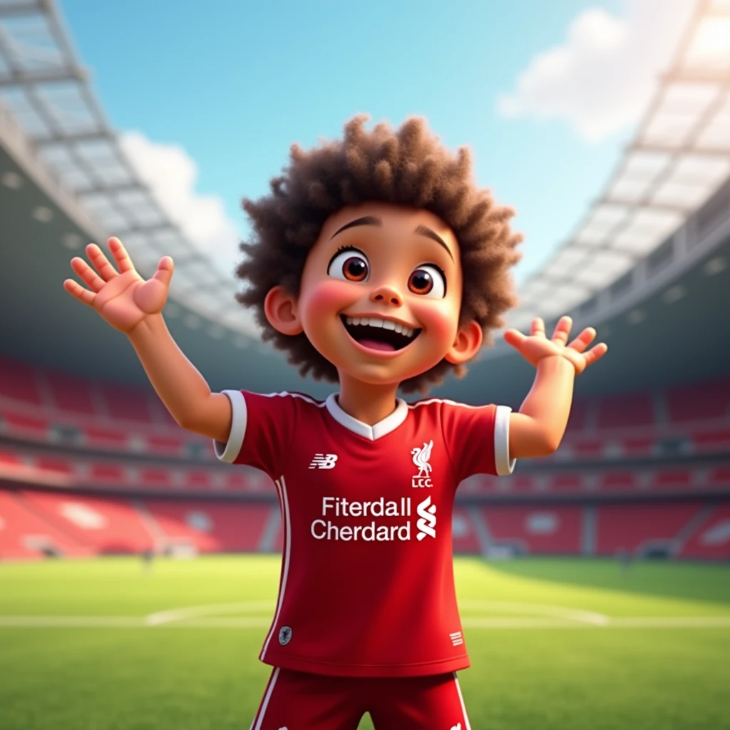 Cute ??? smiles in Disney style, bows like a Thai and wears a Liverpool shirt. Standing in cartoon style. High quality dynamic photo, detailed and colorful. Realistic and colorful poses. The background is Andfield Stadium.