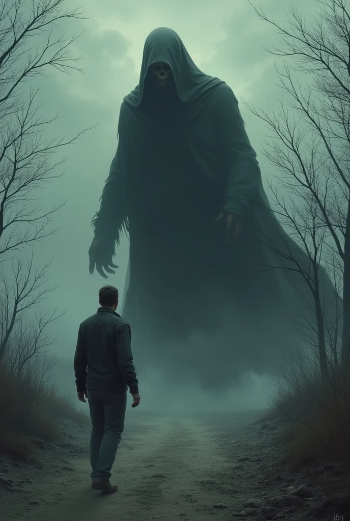 a man walking while death is staring at him