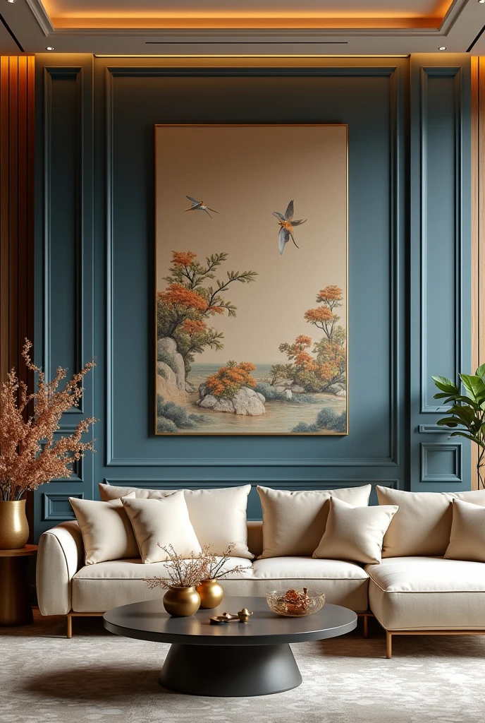 modern style, living room decorated with delicate design elements, in light gold and dark blue style, traditional Vietnamese, luxury wall hangings, luxury table decorations, exquisite sofa modular design --ar 3:2