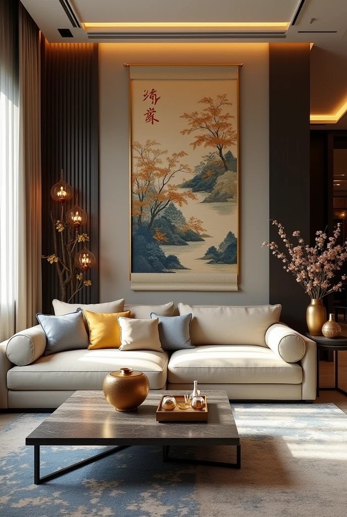 modern style, living room decorated with delicate design elements, in light gold and dark blue style, traditional Vietnamese, luxury wall hangings, luxury table decorations, exquisite sofa modular design --ar 3:2