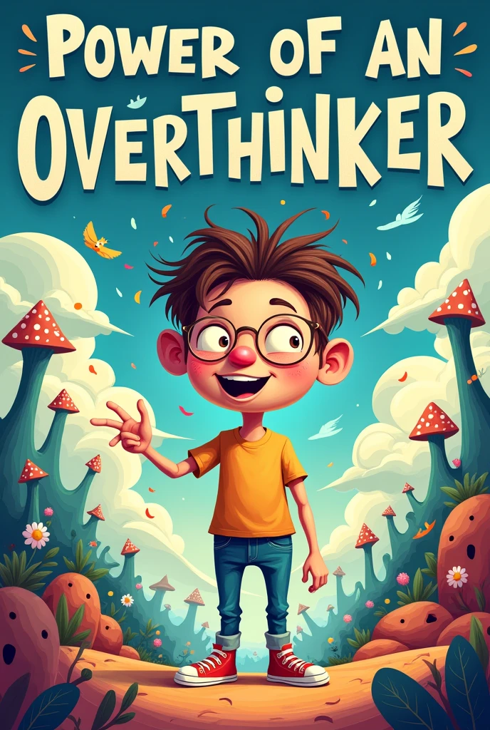 Design a book cover that is tittled as power of an over thinker enhance and design it in degital cartoon 