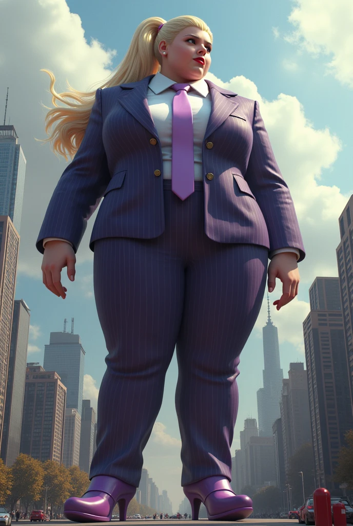 (photorealism:1.2), young , beautiful bbw schoolgirl a massive curvy blonde ponytail red lips wearing a perfect dark purple pinstripe suit with a thick light purple tie large collar large breasts. Platform high heels , standing, giantess art, highly detailed giantess shots, giantess, most detailed, perfect face, Two legs, Five fingers, short hair, A high school girl who is bigger than a skyscraper, standing on very small city, skyscarpers at their feet, skyscrapers small, smile, huge breasts, major metropolis, numerous Destroying cities, Under heavy attack, A very small big city, Miniature metropolis, Full body description, GTS, giga giantess, gigagts, stomping city, crash city, tiny city, micro city, , High resolution, highest quality, masterpiece, aerial view looking down from above.