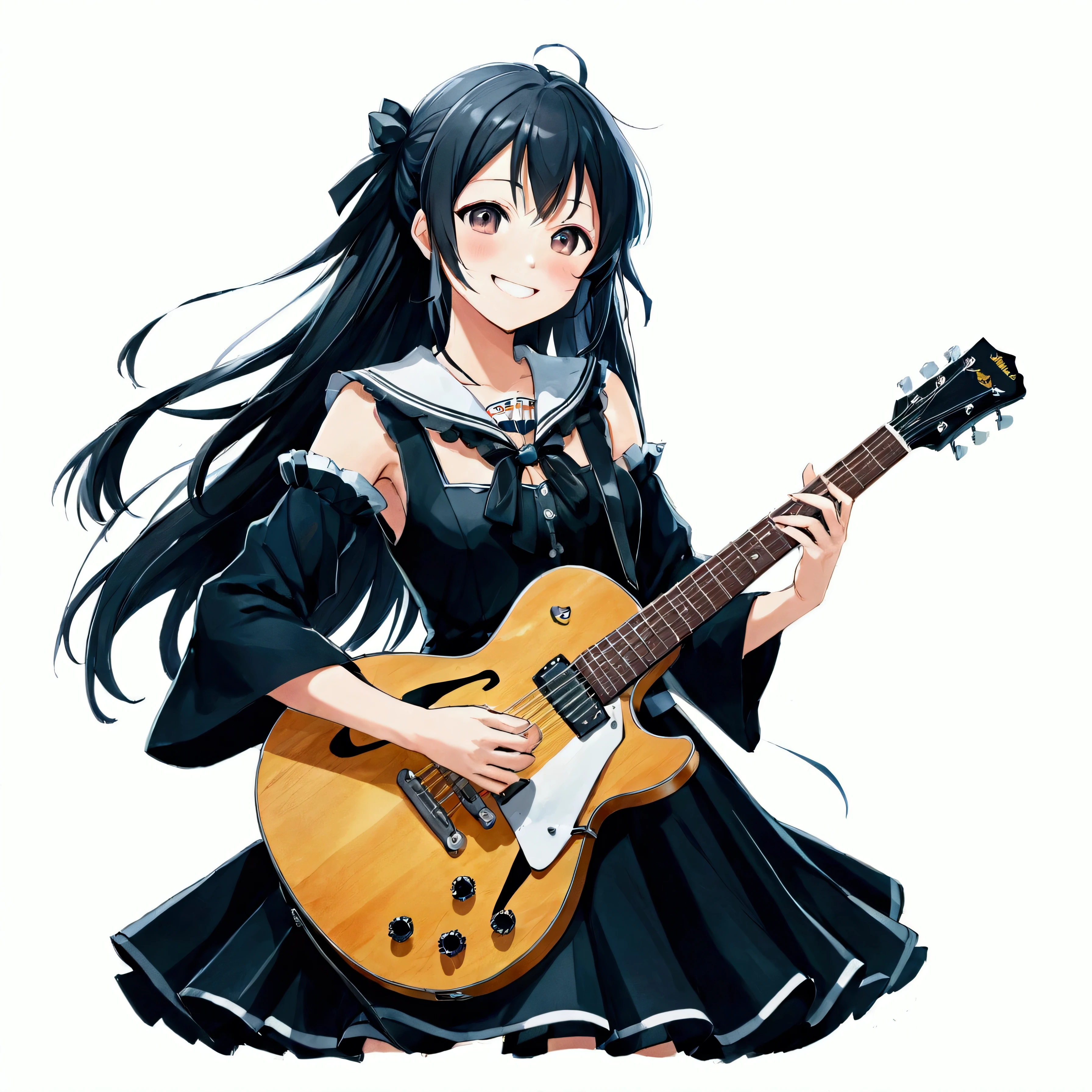Anime Girls with long black hair holding a guitar and smiling, Anime Moe Art Style, Kotegawa Yui, Official artwork, change, (Anime Girls), I also make fan art, guitarist, High quality anime art style, Anime Girls wearing a black dress, Nightcore, , Eat and drink, Guitar solo, Kantai Collection Style