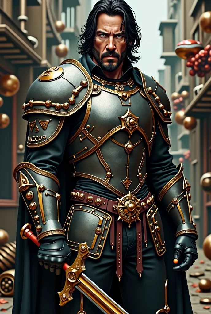Keanu Reeves wearing steampunk armor carrying a sword