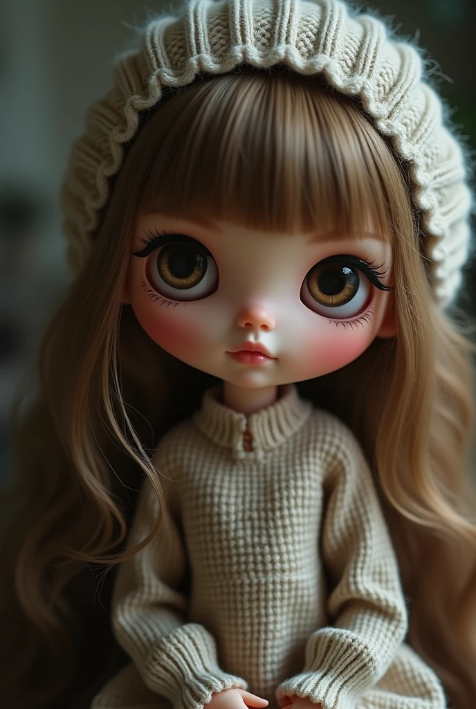 doll blythe, dark blonde hair, round nose challenge, small fleshy mouth, brown eyes half slanted round, large cilia, no bangs in front of the forehead
