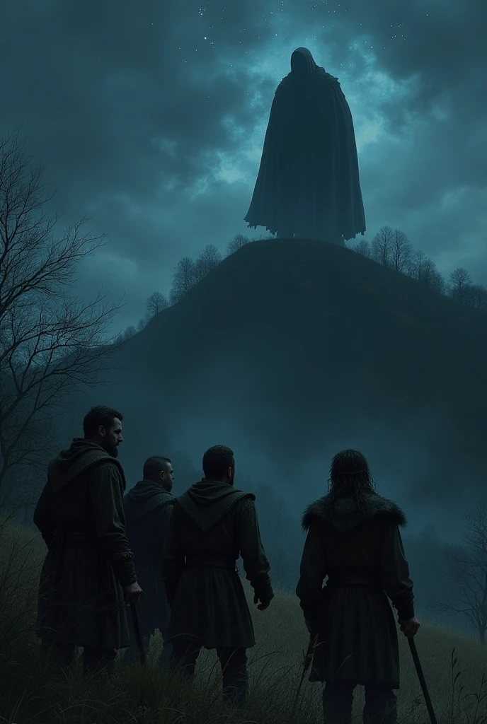 Men in the Middle Ages are scared of a shadow on the hill at night