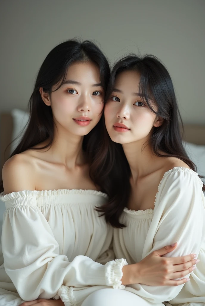 Korean age couple photo, white skin, Sitting together on a bed facing forward, just right for our faces.