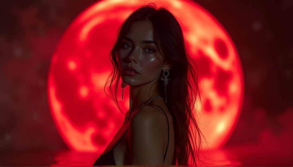 One girl, Beautiful Face, ((White eyes)), Sexy pose, Red moon in the background, performer, space, (Lightroom:1.13), Soft Light, (Natural skin texture:1.2), (Hyperrealism:1.2), Sharp focus, Concentrated,[[Realistic]]